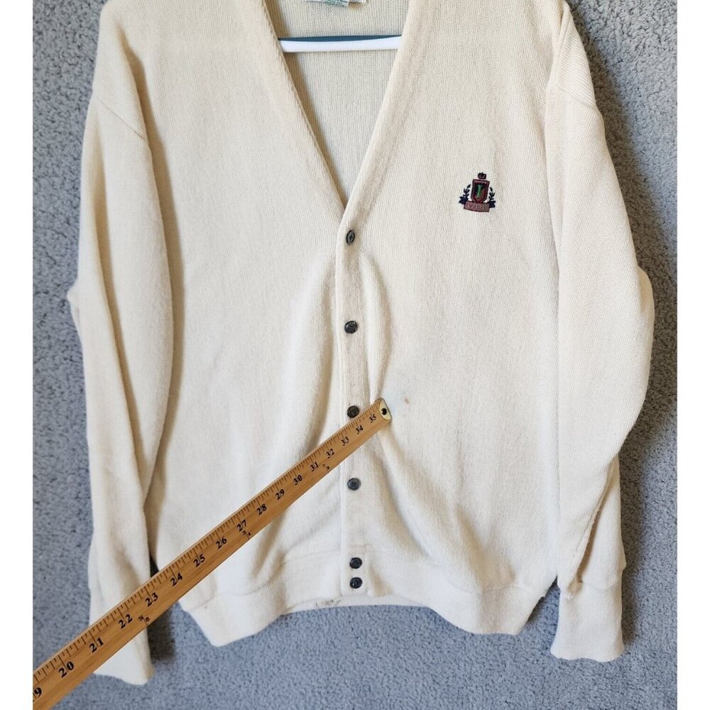 VTG Izod Cream Crest Logo Button Front Cardigan Sweater Size XL USA Made Acrylic - Picture 10 of 16